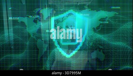 Showing pixelated shield with four-pane on cyber UI, displaying world map grid numeric labels Stock Photo