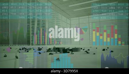 Displaying scattered dark rubble centered on polished lobby floor, showing colorful chart overlays Stock Photo