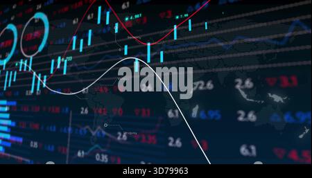 Displaying centered dashboard updating on dark navy screen, with cyan candles, line graphs Stock Photo