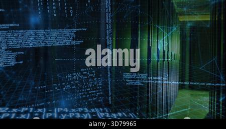 Streaming translucent 3D grid and glowing code across data center corridor, with server racks Stock Photo