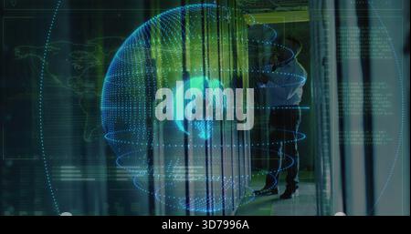 Inspecting tech in light shirt checking server racks in datacenter with hologram globe, copy space Stock Photo