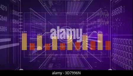 Showing centered chart forming corridor in purple HUD, with vertical bars, white line, magnifier Stock Photo