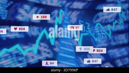 Displaying turquoise zigzag graph tracing analytics trends across digital dashboard, with badges Stock Photo