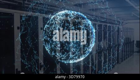 Hovering digital globe projecting network map at data center, with server racks and chair Stock Photo