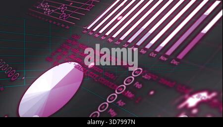 Displaying faceted pie chart occupying left foreground highlighting magenta bar chart, teal grid Stock Photo