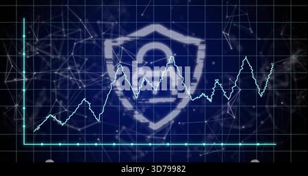 Displaying shield-shaped padlock overlaying neon cyan jagged graph on cyber dashboard, showing grid Stock Photo