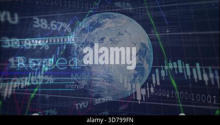 Displaying clear Earth globe on dark-grid dashboard, showing candles, line graphs, binary, encrypt Stock Photo