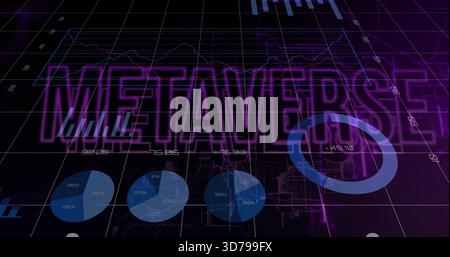 Displaying large METAVERSE text glowing over grid plane, showing pie charts, donut, graphs, globe Stock Photo