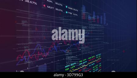 Displaying layered market charts on navy purple dashboard, showing colored trend lines, percentages Stock Photo