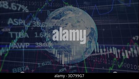Displaying Earth globe over market data on dark grid, overlaying candlesticks, tickers, binary Stock Photo