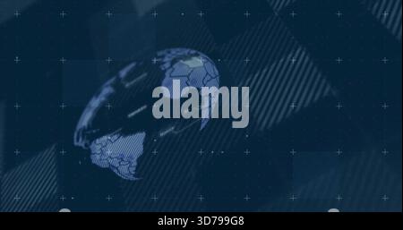 Rotating stylish globe showing hex overlay and map labels in broadcast UI, dotted grid, crosshairs Stock Photo
