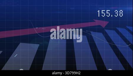 Displaying stylized financial chart on digital dashboard, showing blue bars, magenta arrow, 155 Stock Photo