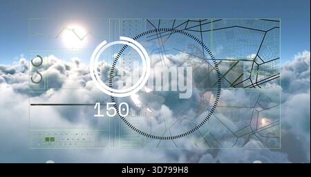 Displaying translucent HUD overlay over clouds at high altitude, with radial gauge, readout 150 Stock Photo