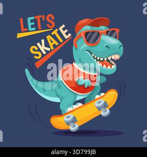 Dinosaur skater. Cool dino on skate, cute trex skateboard cartoon tyrannosaurus raptor character child apparel t shirt print design kid boy fashion clothes neat vector illustration original artwork Stock Vector