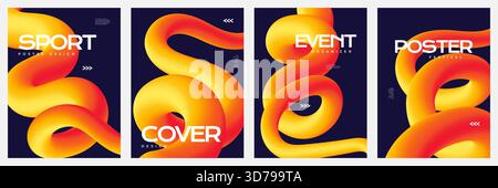 Abstract Poster Collection with 3D Curvy Orange Lines on Blue Background. Creative Flyer, Banner, or Poster Cover Template Design for Branding, Advert Stock Vector
