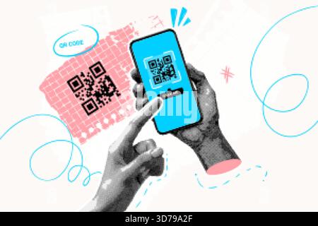 Qr code collage. Smartphone scan qr code for online pay in store, phone frame social media mobile sticker retro magazine halftone collage cutout paper, exact vector illustration original artwork Stock Vector