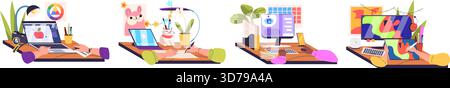 Isometric laptop workplace. Hands work on computer desk, creative drawing ai prompt engineer or girly study table with coffee screen keyboard, freelancer classy vector illustration original artwork Stock Vector