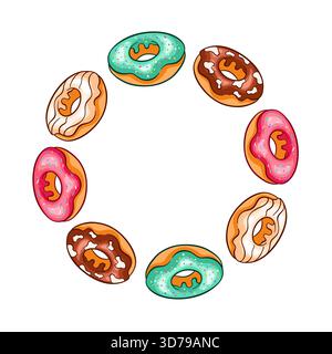 Wreath with glazed donut with various topping, pink, chocolate and mint green frosting with sprinkles in cartoon style. Stock Vector