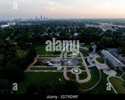 This image captures the serene beauty of the historic Garfield Park in Indianapolis, Indiana, during the early morning. Stock Photo