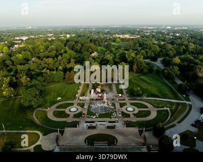This image captures the serene beauty of the historic Garfield Park in Indianapolis, Indiana, during the early morning. Stock Photo