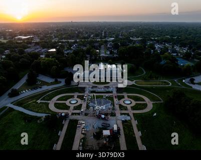 This image captures the serene beauty of the historic Garfield Park in Indianapolis, Indiana, during the early morning. Stock Photo