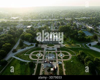This image captures the serene beauty of the historic Garfield Park in Indianapolis, Indiana, during the early morning. Stock Photo