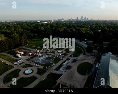 This image captures the serene beauty of the historic Garfield Park in Indianapolis, Indiana, during the early morning. Stock Photo