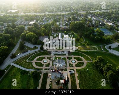 This image captures the serene beauty of the historic Garfield Park in Indianapolis, Indiana, during the early morning. Stock Photo