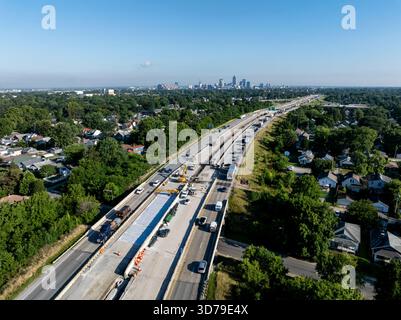 This early-morning aerial photo captured the congested traffic queueing through a construction zone on Interstate 65. Stock Photo