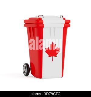 Recycling And National Identity Concept. Red And White Trash Bin With Canada Maple Leaf Emblem On Front, Isolated On White Background. 3d Rendering Stock Photo