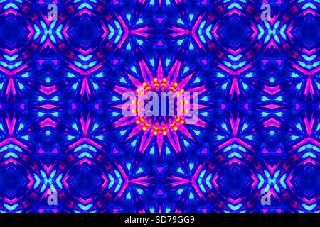 Psychedelic Art And Abstract Pattern Concept. Vibrant Neon Kaleidoscope With Symmetrical Shapes In Pink And Blue Tones Extreme Closeup. 3d Rendering Stock Photo