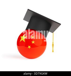 Global Education And International Studies Concept. Red Sphere With China Flag Wearing Black Graduation Cap On White Background. 3d Rendering Stock Photo
