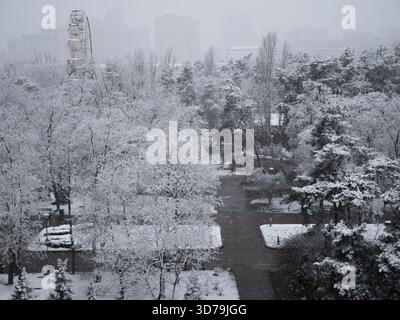 Top window view over heavy fluffy snow falling over the city park wtih panoramic ferris wheel and trees covered by snow on a white winter day. Stock Photo