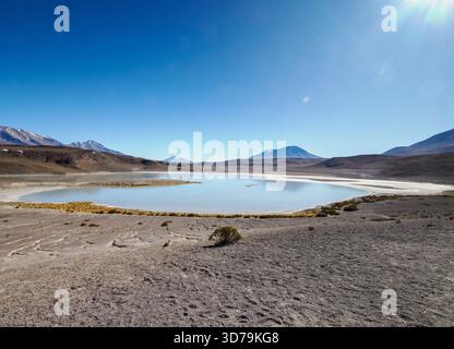 Laguna Honda or Deep Lake is in reality a shallow salt lake surrounded by imposing volcanos in the high altiplano of the Bolivian Andes Stock Photo