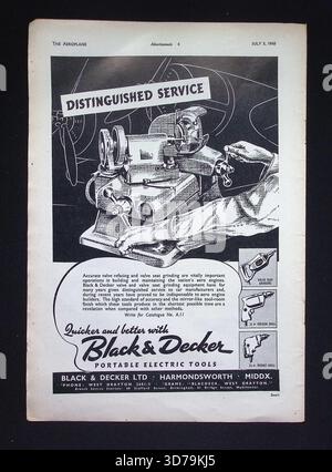Original 1940 advertisement featuring Black & Decker portable electric tools for valve refacing and valve seat grinding used in aero-engine work. The advert shows an operator using grinding equipment with an aircraft engine and propeller faintly illustrated in the background, emphasising precision in engine maintenance. Stock Photo