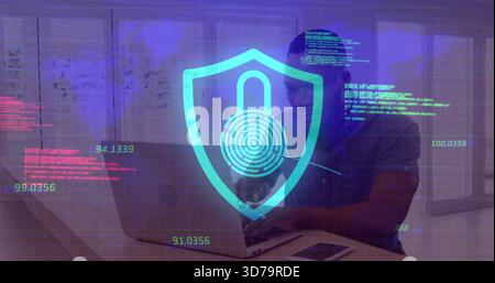 Typing man wearing dark shirt at office with laptop, phone, holo fingerprint lock code, copy space Stock Photo