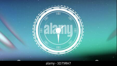 Displaying white HUD dial rotating over cosmic backdrop with rings and pointer hands Stock Photo