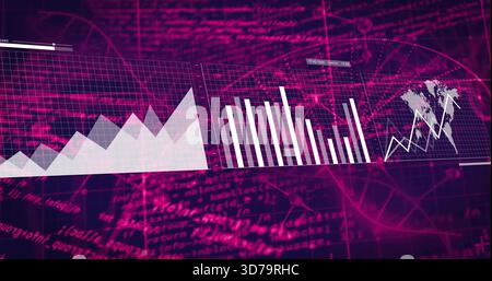 Displaying three translucent panels floating in data dashboard, with area, bar, line over world map Stock Photo