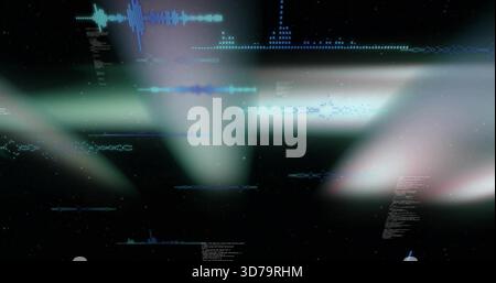 Glowing central horizontal band streaming cyan and blue waveform traces over dark HUD, with code Stock Photo