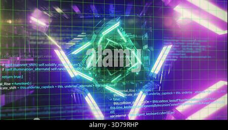 Rotating glowing cyan-green polyhedron pulsing in cyberspace, showing grid, code, magenta bars Stock Photo