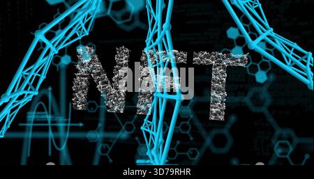 Displaying centered particle-text forming NIT in virtual lab, with cyan lattice and waveform Stock Photo