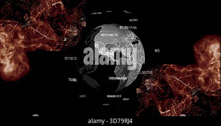 Rotating digital globe showing white borders, floating timestamps and amber filaments in data space Stock Photo