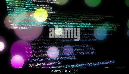 Displaying centered monitor showing JavaScript code on dim workspace, with colored bokeh lights Stock Photo