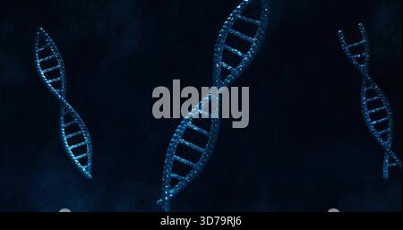 Glowing vertical blue double-helix DNA occupying center of dark void, with beads forming backbone Stock Photo