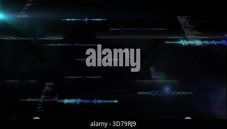 Displaying neon cyan and blue waveforms streaming in HUD over deep black void, with code, flares Stock Photo