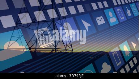 Displaying translucent app icons floating over sunset ridge, showing bell, envelope, cloud, tower Stock Photo