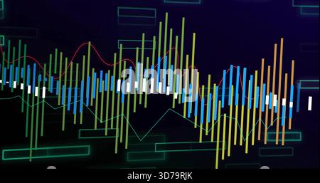 Displaying multicolored candlestick bars and trend lines on digital dashboard, with neon frames Stock Photo