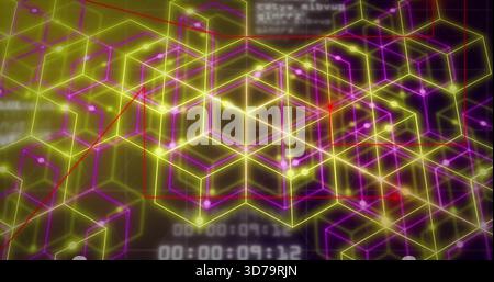 Glowing neon lattice in data field displaying bright nodes and red polyline with timestamps Stock Photo