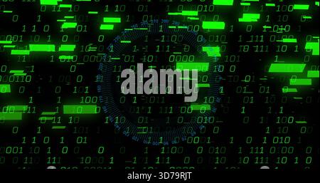 Streaming dense green binary digits and neon bars across virtual interface, with faint blue HUD Stock Photo