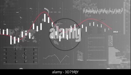 Displaying central globe graphic showing vertical candlestick bars and red trend line on dashboard Stock Photo